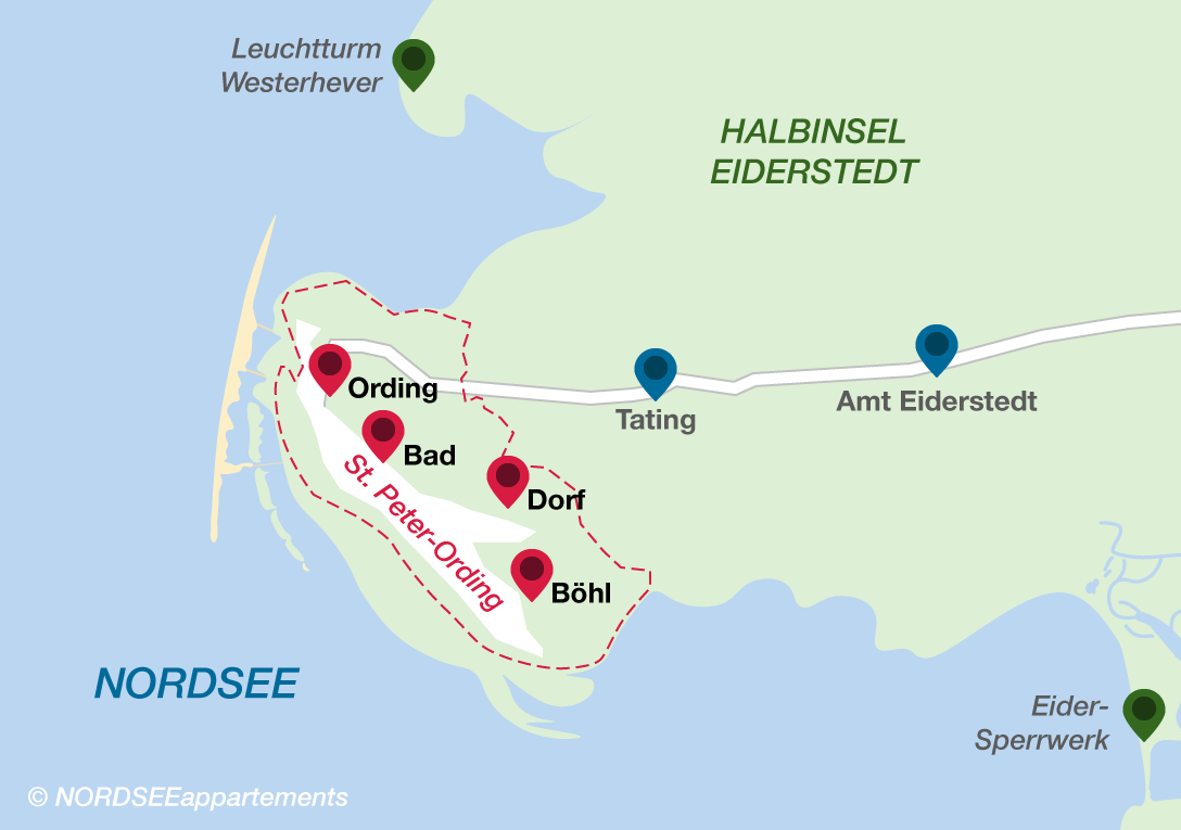 Karte St. Peter-Ording Ortsteile Ording, Bad, Dorf, Böhl